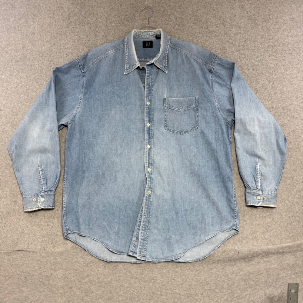 Gap Denim Button Down Shirt Mens XL Blue Light Wash Vintage 90s Cotton